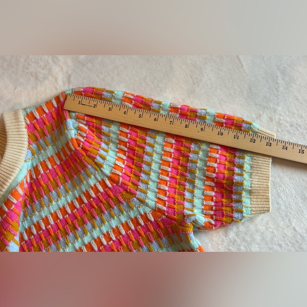 THML Sweater Knit Crochet Pattern Vibrant Rainbow Quarter Sleeve Size S - Picture 5 of 8